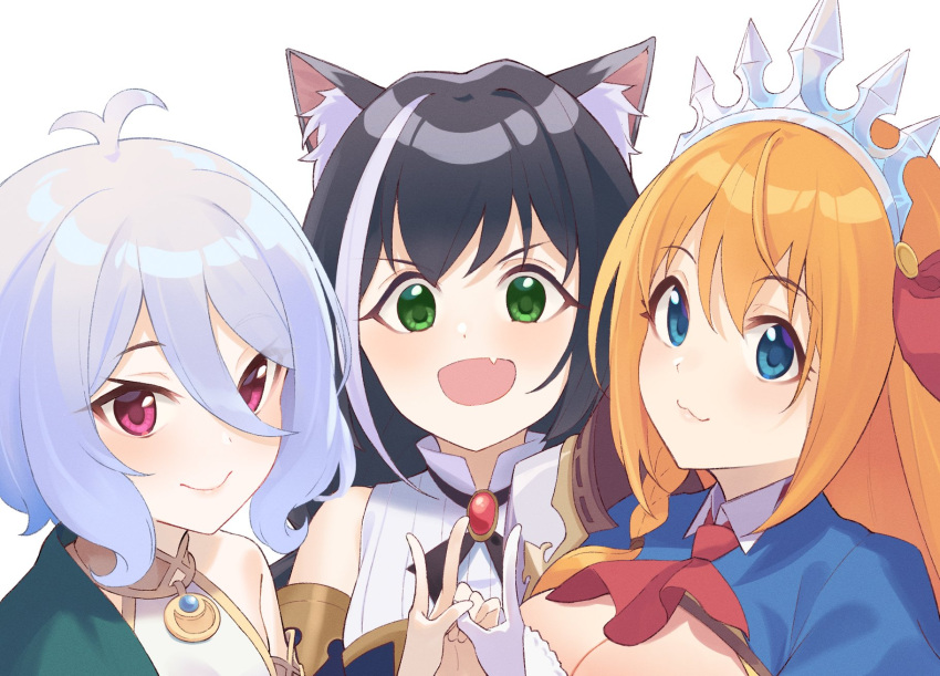 3girls :3 animal_ear_fluff animal_ears antenna_hair ascot bare_shoulders black_hair blue_eyes blush breasts cat_ears cat_girl cleavage closed_mouth green_eyes hair_between_eyes hair_ornament high_collar highres index_finger_raised karyl_(princess_connect!) kokkoro_(princess_connect!) long_hair multicolored_hair multiple_girls oerba_yun_fang open_mouth orange_hair pecorine_(princess_connect!) princess_connect! red_ascot red_eyes shimon_(31426784) short_hair simple_background skin_fang smile streaked_hair tiara white_background white_hair