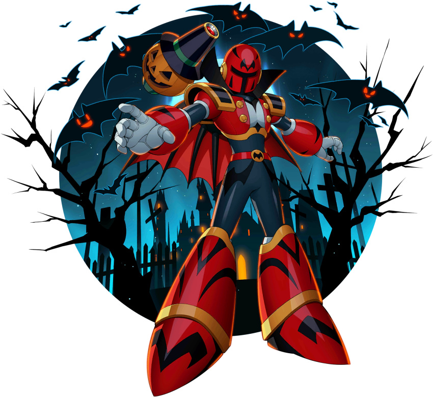 1boy alternate_costume android armor bat_(animal) breastplate cannon cape capelet castle covered_face full_body halloween halloween_costume hat helmet high_collar highres male_focus mega_man_(series) mega_man_x_(series) mega_man_x_dive mizuno_keisuke night official_art pauldrons pumpkin robot shoulder_armor shoulder_cannon shoulder_pads solo third-party_source transparent_background vile_(mega_man) weapon wings witch_hat