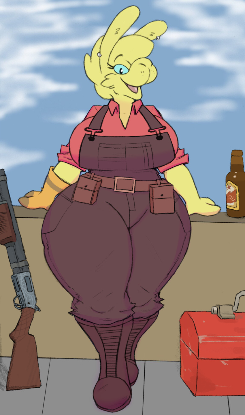 alcohol anthro beer beverage big_breasts blue_eyes boots breasts camelid clothing delfucko ear_piercing ear_ring engineer_(team_fortress_2) female footwear fur gloves goatonomous handwear hi_res huge_thighs leaning_on_wall llama looking_at_viewer low_wall mammal miss_b overalls pear-shaped_figure piercing ring_piercing shoes smile smiling_at_viewer solo team_fortress_2 thick_thighs third-party_edit valve weapon wide_hips yellow_body yellow_fur