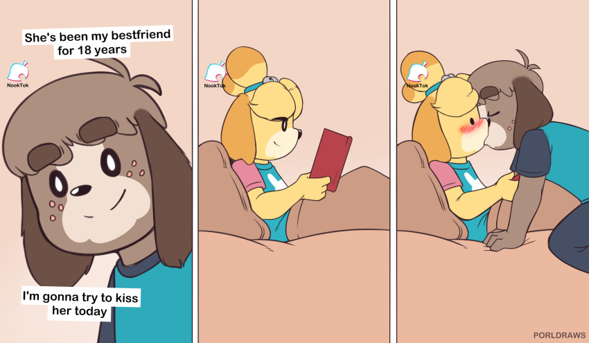 animal_crossing anthro blush brother_(lore) brother_and_sister_(lore) canid canine canis digby_(animal_crossing) domestic_dog duo english_text female hi_res humor incest_(lore) intraspecies isabelle_(animal_crossing) kiss_on_lips kissing male male/female mammal meme nintendo porldraws selfie shih_tzu sibling_(lore) sister_(lore) surprise_kiss text tiktok toy_dog twincest_(lore) twins_(lore)