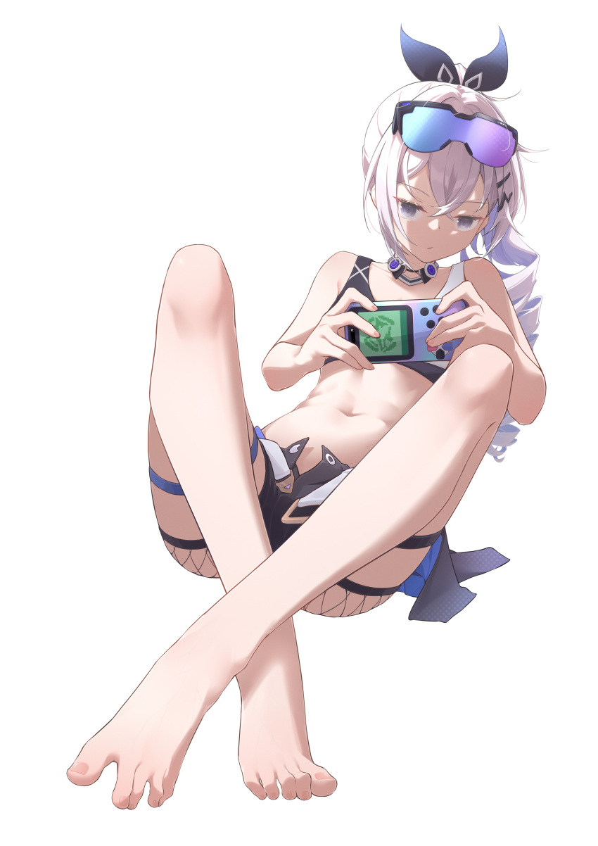 absurdres bare_shoulders barefoot belt chan_sang crossed_bangs crossed_legs drill_hair eyewear_on_head feet female grey_eyes hair_ribbon highres honkai:_star_rail honkai_(series) open_belt open_fly ribbon silver_wolf_(honkai:_star_rail) simple_background solo spread_toes toenails toes white_background