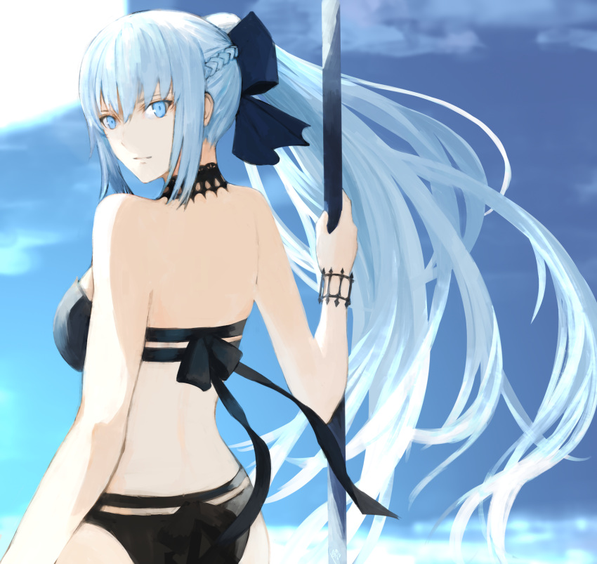 back bare_shoulders bikini black_bikini black_bow blue_eyes bow braid breasts fate/grand_order fate_(series) female grey_hair hairbow half_up_braid highres large_breasts long_hair looking_at_viewer looking_back moedredd morgan_le_fay_(fate) ponytail sidelocks solo swimsuit thighs very_long_hair