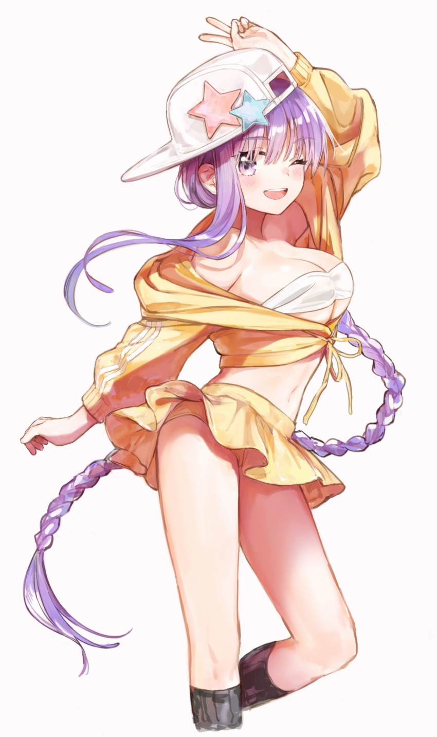 asymmetrical_hair bandeau bangs bare_shoulders baseball_cap bb_(fate)_(all) bb_(swimsuit_mooncancer)_(fate) blush braid breasts cleavage cropped_jacket fate/grand_order fate_(series) female hat hat_ornament highres jacket large_breasts long_hair long_sleeves looking_at_viewer midriff miniskirt nprmtp one_eye_closed open_mouth purple_eyes purple_hair single_braid skirt smile star_(symbol) star_hat_ornament thighs v very_long_hair white_headwear yellow_jacket yellow_skirt