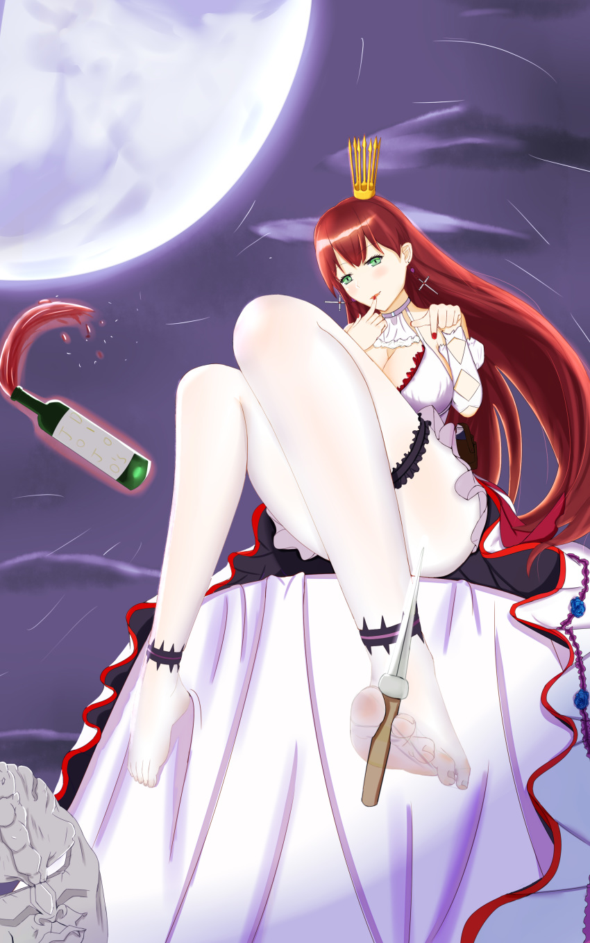 995080356 absurdres alcohol between_toes commentary crown female formidable_(warship_girls_r) frills green_eyes highres knife long_hair nail_polish red_hair red_nails sitting solo symbol-only_commentary warship_girls_r white_legwear wine