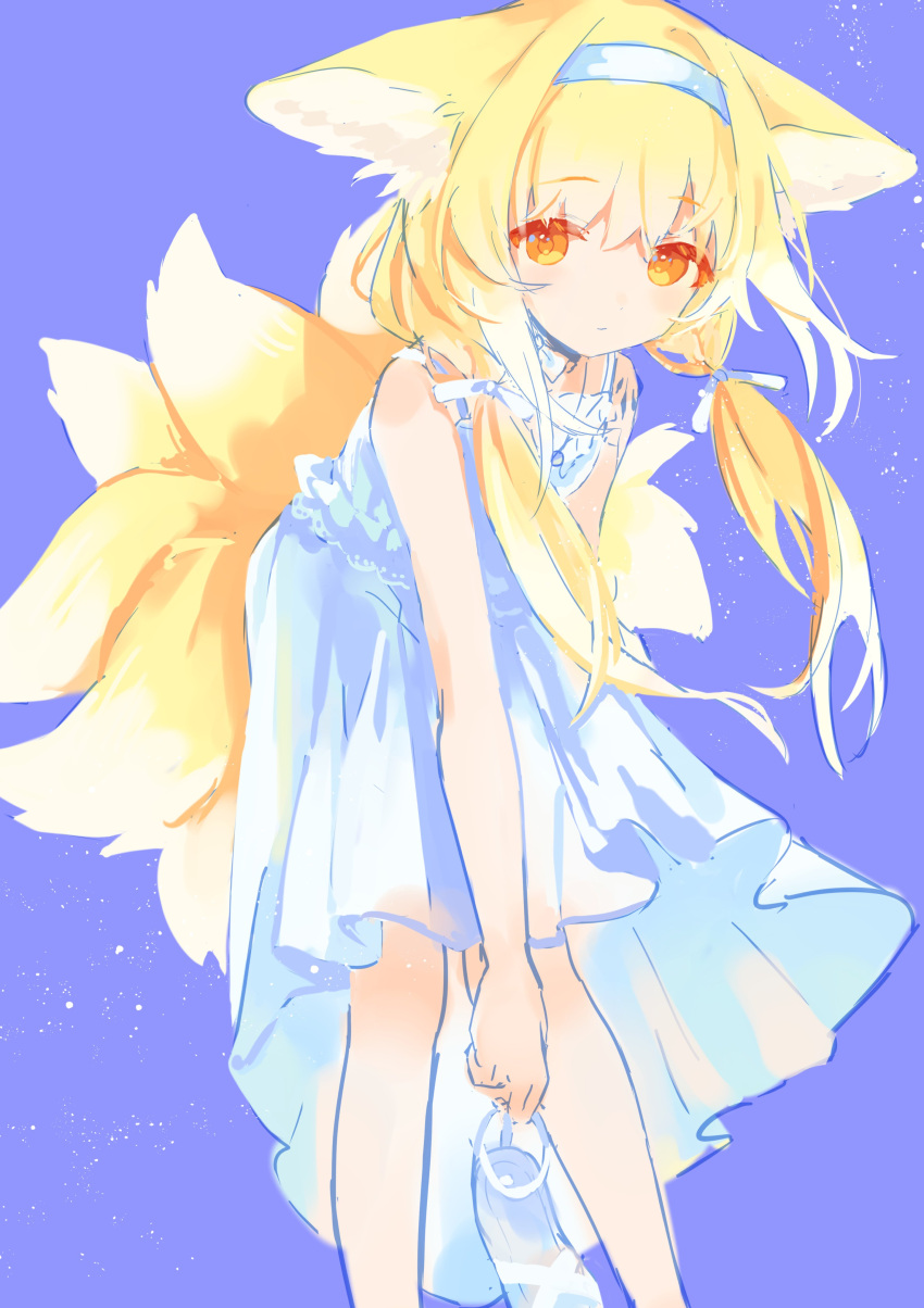 absurdres alternate_costume alternate_hairstyle animal_ears arknights blonde_hair blue_hairband closed_mouth collarbone dress ears_down feet_out_of_frame female fox_ears fox_girl hair_over_shoulder hair_ribbon hairband high-low_skirt highres holding holding_clothes holding_footwear kitsune kyuubi leaning_forward light_blush light_particles long_hair looking_at_viewer low_twintails material_growth multiple_tails orange_eyes oripathy_lesion_(arknights) purple_background ribbon simple_background sleeveless sleeveless_dress solo spaghetti_strap standing sundress suzuiro_(chocolatte) suzuran_(arknights) tail twintails white_ribbon