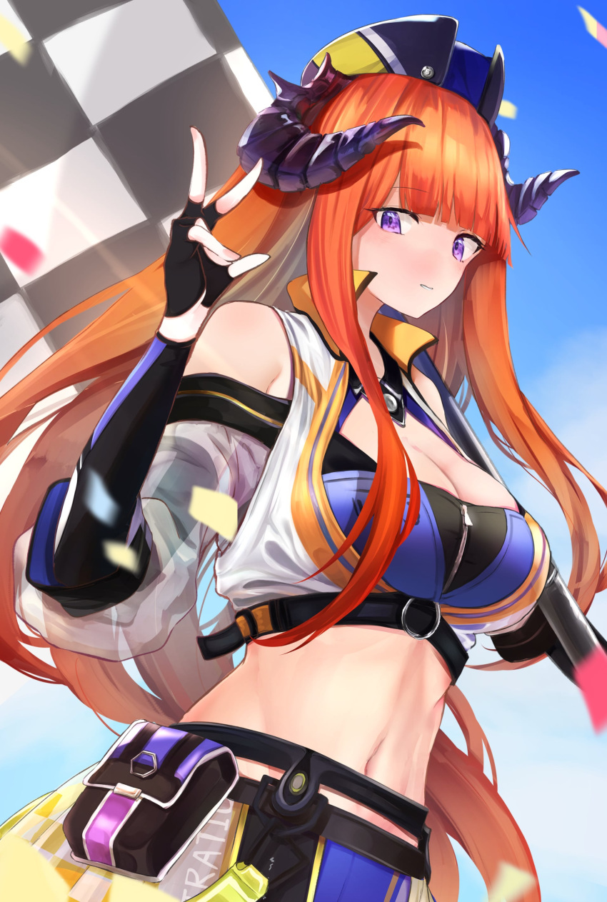 absurdres arknights asumi_maboroshi bagpipe_(arknights) bagpipe_(queen_no._1)_(arknights) bare_shoulders black_gloves blue_sky breasts checkered_flag cleavage commentary_request crop_top day female fingerless_gloves flag gloves hand_up hat highres horns large_breasts long_hair looking_at_viewer midriff navel official_alternate_costume orange_hair outdoors parted_lips pouch purple_eyes race_queen shorts showgirl_skirt sky solo stomach upper_body very_long_hair