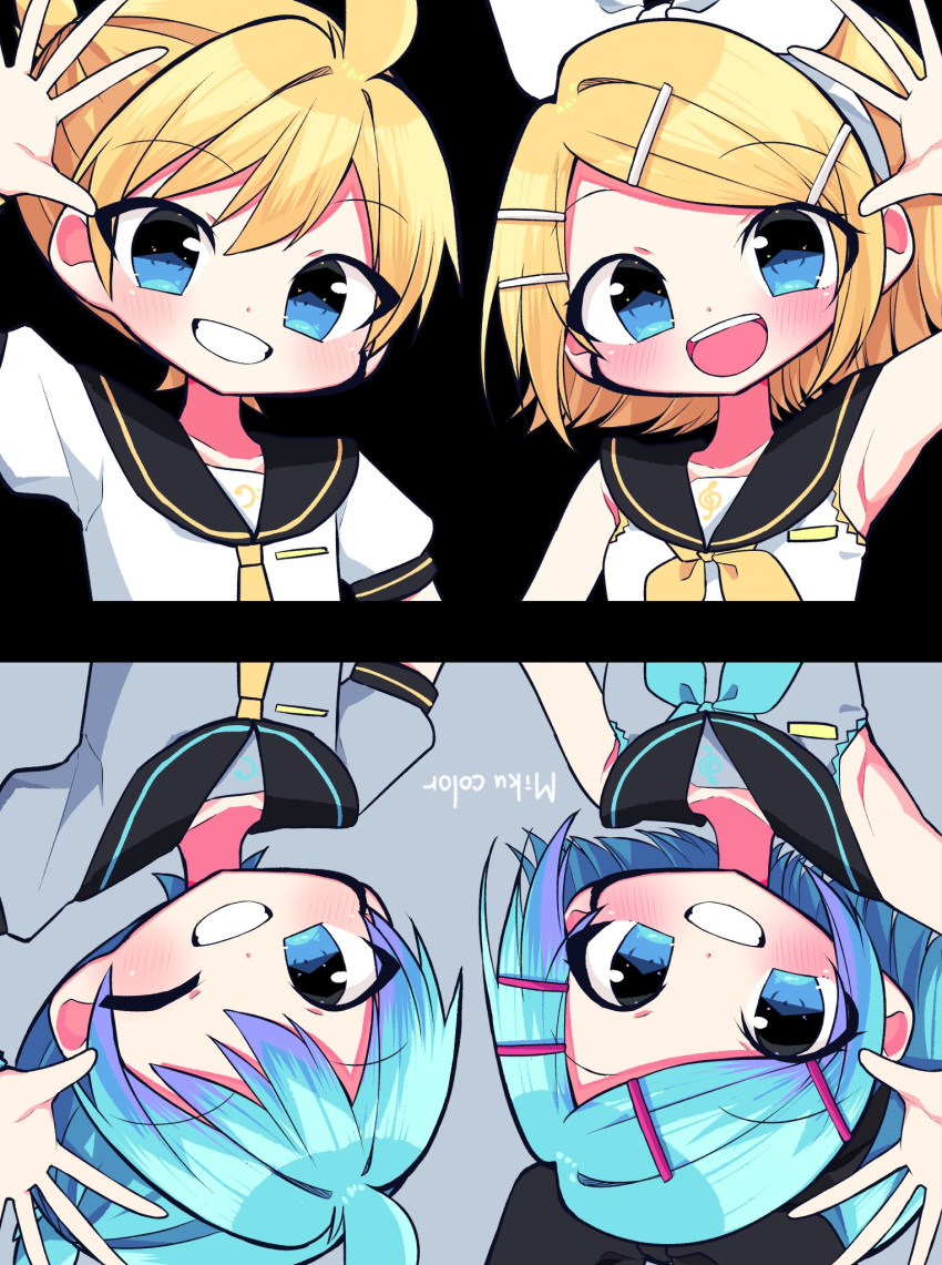 1boy alternate_color aqua_hair arm_up bare_shoulders bass_clef black_background black_sailor_collar blonde_hair blue_eyes blush bow commentary female grey_background grey_shirt grin hair_ornament hairbow hairclip highres kagamine_len kagamine_rin kasaki_sakura multiple_views neckerchief necktie open_mouth sailor_collar school_uniform shirt short_hair short_ponytail short_sleeves side-by-side smile spiked_hair swept_bangs symmetry treble_clef upside-down vocaloid waving white_bow white_shirt yellow_neckerchief yellow_necktie