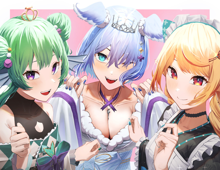 3girls aqua_eyes aqua_nails black_leotard blonde_hair blue_nails bow breasts bright_pupils cleavage cleavage_cutout clothing_cutout collarbone crown double_bun eden_(edenaldojj) elira_pendora elira_pendora_(2nd_costume) fairy fangs finana_ryugu finana_ryugu_(2nd_costume) fins fish_girl fur_trim green_hair green_nails hair_bun hair_ornament hair_over_one_eye halterneck head_fins head_wings highres japanese_clothes kimono large_bow lazulight leotard long_bangs long_hair looking_at_viewer maid maid_headdress medium_breasts multicolored_eyes multiple_girls nijisanji nijisanji_en obi off_shoulder official_alternate_costume one_eye_closed open_mouth pink_background pomu_rainpuff pomu_rainpuff_(2nd_costume) purple_eyes red_eyes sash slit_pupils small_breasts smile swept_bangs swimsuit tiara tsurime upper_body virtual_youtuber wings x_hair_ornament