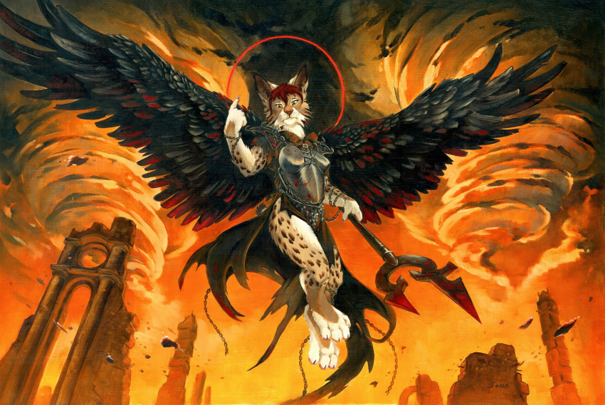 4_toes 5_fingers anthro breasts brown_hair clothed clothing day detailed_background digitigrade feathered_wings feathers feet felid feline female fingers hair halo hi_res lynx mammal oil_painting_(artwork) outside painting_(artwork) scale_(artist) sky solo toes traditional_media_(artwork) wings zaire_(nightdancer)