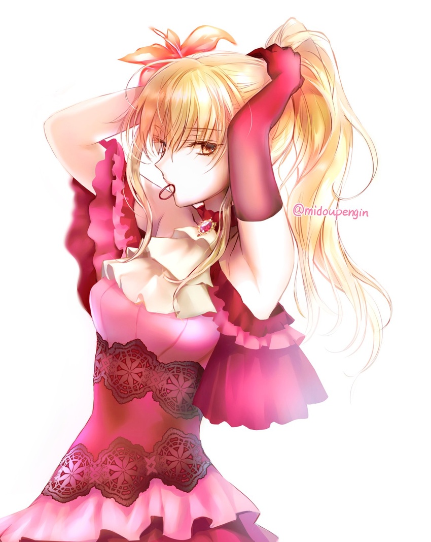 blonde_hair brown_eyes dress elbow_gloves female fire_emblem fire_emblem:_genealogy_of_the_holy_war fire_emblem_heroes flower formal frilled_dress frills gloves hair_flower hair_ornament highres lachesis_(fire_emblem) lachesis_(masquerade)_(fire_emblem) long_hair looking_at_viewer mintes simple_background solo tying_hair white_background