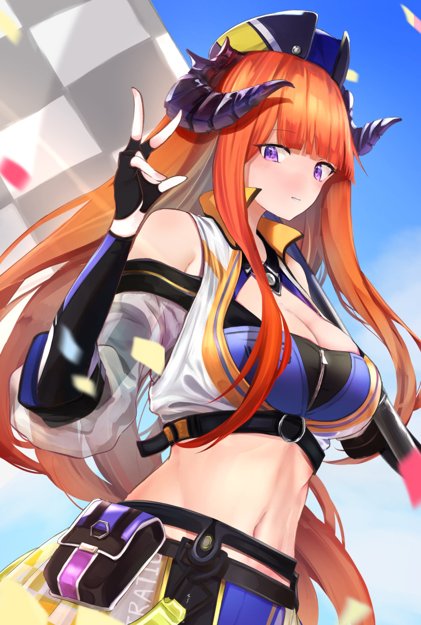 absurdres arknights asumi_maboroshi bagpipe_(arknights) bagpipe_(queen_no._1)_(arknights) bare_shoulders black_gloves blue_sky breasts checkered_flag cleavage commentary crop_top day female fingerless_gloves flag gloves hand_up hat highres horns large_breasts long_hair looking_at_viewer midriff navel official_alternate_costume orange_hair outdoors pouch purple_eyes race_queen shorts showgirl_skirt sky solo stomach upper_body very_long_hair