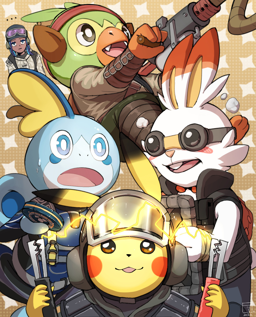 accessory amaru_(rainbow_six) ambiguous_gender bandit_(rainbow_six) blue_byte_(game_developer) clothing ela_bosak electricity eyewear fbi female generation_1_pokemon generation_8_pokemon germany goggles grookey group gsg9 gun gym_leader handgun headband hi_res human jw_grom kambo kenya mammal nessa_(pokemon) nintendo peru pikachu pokemon pokemon_(species) poland rainbow_six rainbow_six:_siege ranged_weapon scorbunny sobble swat thermite_(rainbow_six) tom_clancy's_(series) ubisoft united_states_of_america wamai_(rainbow_six) weapon