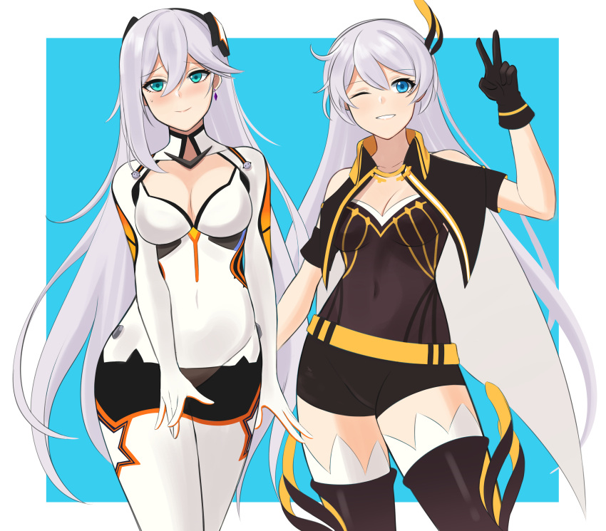 2girls absurdres aircell antenna_hair blue_eyes breasts cecilia_schariac cecilia_schariac_(cosplay) cleavage closed_mouth cosplay costume costume_switch hair_between_eyes hair_ornament highres honkai_(series) honkai_impact_3rd kiana_kaslana kiana_kaslana_(white_comet) kiana_kaslana_(white_comet)_(cosplay) long_hair looking_at_viewer mother_and_daughter multiple_girls one_eye_closed smile teeth v white_hair