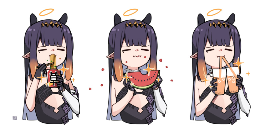 =_= a:n_(angrynum) black_dress black_gloves black_hair blunt_bangs bubble_tea closed_eyes commentary cropped_torso cup cup_ramen detached_sleeves disposable_cup dress drinking eating female food fruit gloves gradient_hair halo highres holding holding_cup holding_food hololive hololive_english long_hair mole mole_under_eye multicolored_hair ninomae_ina'nis ninomae_ina'nis_(1st_costume) orange_hair pointy_ears shin_ramyun sidelocks single_detached_sleeve sparkle strapless strapless_dress symbol-only_commentary tentacle_hair tube_dress very_long_hair virtual_youtuber watermelon