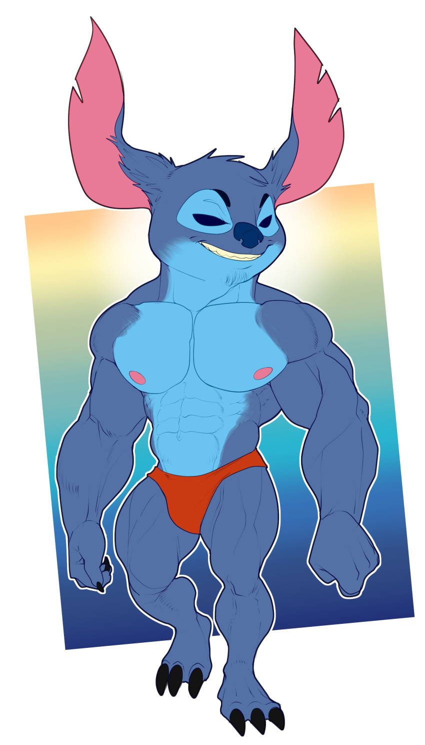 2022 3_toes 4_fingers abs absurd_res alien anthro anthrofied areola barefoot belly biceps big_biceps big_deltoids big_ears big_muscles big_pecs black_claws black_nose blue_arms blue_background blue_belly blue_body blue_chest blue_ears blue_eyebrows blue_eyes blue_face blue_feet blue_fingers blue_fur blue_hands blue_legs blue_markings blue_neck blue_nose blue_spots blue_theme blue_toes bottomwear bristol bulge claws clothed clothed_anthro clothed_male clothing colored contrapposto countershade_body countershade_face countershade_fur countershade_neck countershade_torso countershading dark_arms dark_claws dark_ears dark_eyebrows dark_eyes dark_feet dark_hands dark_legs dark_nose dark_toes darkened_eyebrows deltoids digital_drawing_(artwork) digital_media_(artwork) disney ear_tuft empty_eyes experiment_(lilo_and_stitch) eyebrows feet finger_claws fingers fist flat_colors forearm_muscles front_view full-length_portrait fur green_background grin half-closed_eyes happy head_tuft hi_res huge_pecs humanoid_hands latissimus_dorsi light_belly light_body light_chest light_face light_inner_ear light_neck light_nipples lilo_and_stitch looking_away male male_anthro manly markings muscular muscular_anthro muscular_arms muscular_male muscular_thighs narrowed_eyes navel neck_muscles nipples obliques open_mouth open_smile orange_background orange_bottomwear orange_clothing orange_speedo orange_swimwear pecs pink_areola pink_inner_ear pink_nipples plantigrade portrait pose quads sartorius serratus sharp_teeth short simple_background smile solo speedo speedo_only spots spotted_face standing stitch_(lilo_and_stitch) swimwear swimwear_only teeth toe_claws toes topless topless_anthro topless_male trapezius triceps tuft white_background yellow_background