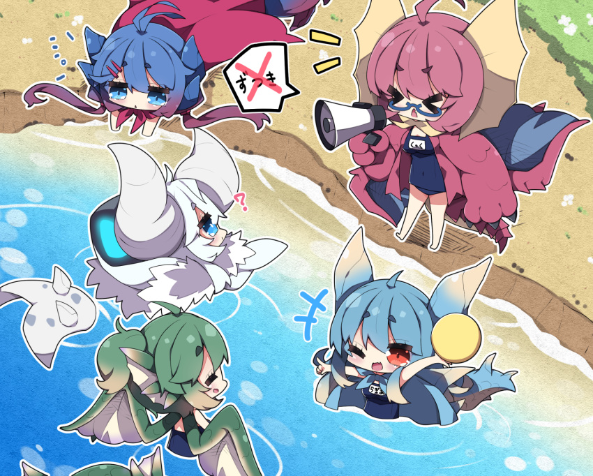 >_< ... 5girls :d ;d ^_^ ahoge arm_up ball blue_cape blue_eyes blue_hair blue_one-piece_swimsuit blue_wings breasts brown_hair brown_wings cape ceadeus closed_eyes closed_mouth commentary covered_navel dragon_girl dragon_horns dragon_tail dragon_wings glavenus gradient_hair green_hair green_plesioth hair_between_eyes hair_ornament hairclip highres holding holding_ball horns lagiacrus long_hair medium_breasts megaphone milkpanda monster_hunter_(series) multicolored_hair multiple_girls name_tag notice_lines oerba_yun_fang old_school_swimsuit one-piece_swimsuit one_eye_closed open_mouth outstretched_arm partially_submerged personification pointing ponytail profile purple_hair red_eyes school_swimsuit short_eyebrows smile swimsuit tail thick_eyebrows translation_request very_long_hair white_hair wings yian_kut-ku