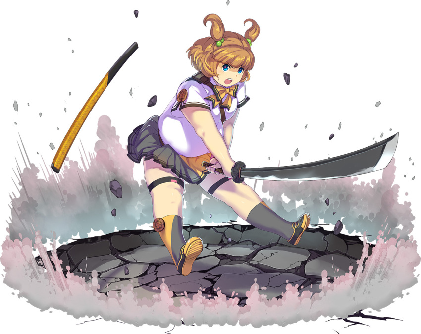 artist_request beads blue_eyes blunt_bangs boots breasts crack cracked_floor dot_nose fat female hair_beads hair_ornament hasebe_shikiri holding holding_sword holding_weapon katana light_brown_hair medium_hair official_art open_mouth pleated_skirt sheath shinken!! short_sleeves skirt solo sword thick_thighs thigh_strap thighs third-party_source two_side_up weapon white_background