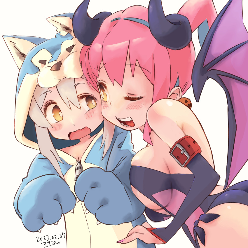 2girls ;d animal_costume bare_shoulders blue_hair blush breasts brown_eyes cheek-to-cheek commentary dated demon_costume demon_horns demon_wings detached_sleeves earrings fake_horns fingernails food-themed_earrings grey_hair hair_between_eyes hairband heads_together highres hood hood_up horns hozuki_kaede jack-o'-lantern jack-o'-lantern_earrings jewelry large_breasts long_fingernails looking_at_another masapoooh multicolored_hair multiple_girls nail_polish one_eye_closed onii-chan_wa_oshimai! open_mouth oyama_mahiro pink_hair pink_nails smile tongue tongue_out two-tone_hair wavy_mouth wings wolf_costume wolf_hood zipper_pull_tab