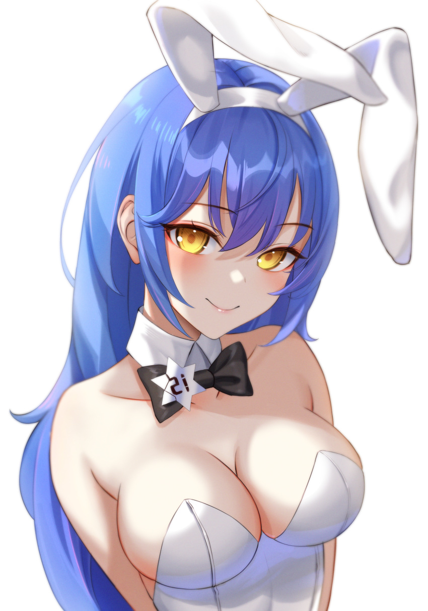 absurdres animal_ears blue_hair blush bow bowtie breasts cleavage closed_mouth eichi_(skskdi12z) female girls'_frontline hair_between_eyes highres large_breasts leotard long_hair looking_at_viewer official_alternate_costume playboy_bunny rabbit_ears smile solo tar-21_(girls'_frontline) tar-21_(night_at_the_bar)_(girls'_frontline) very_long_hair white_background white_leotard yellow_eyes