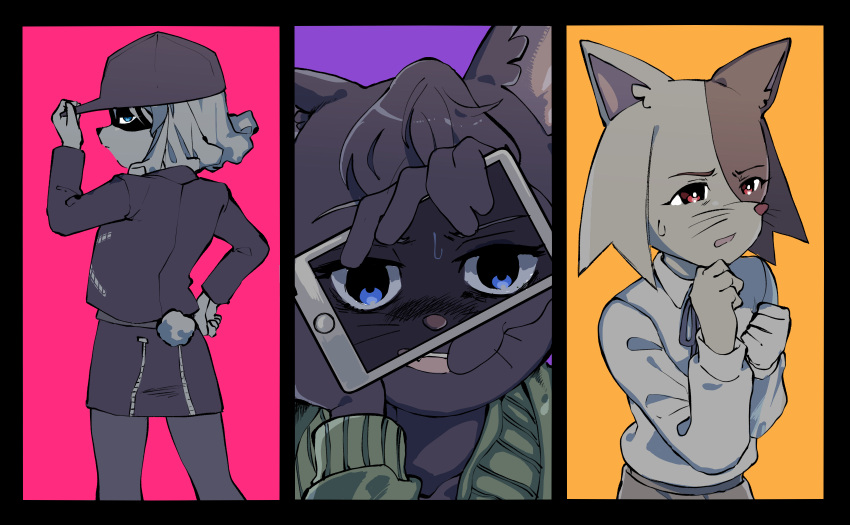 4girls :d adjusting_clothes adjusting_headwear animal_ears bad_id bad_pixiv_id black_fur blue_eyes bright_pupils brown_fur cat_ears cat_girl dog_girl empty_eyes expressionless fangs furry furry_female hand_on_own_cheek hand_on_own_face hand_on_own_hip hat highres holding holding_phone ichimura_shiho jacket koshianpancake long_sleeves mitsuya_yuki multiple_girls multiple_persona nikaidou_rui odd_taxi open_mouth phone pink_background purple_background red_eyes scared shaded_face shirt simple_background skirt smile spoilers sweat tail two-tone_fur wadagaki_sakura whiskers white_fur white_pupils white_shirt yellow_background