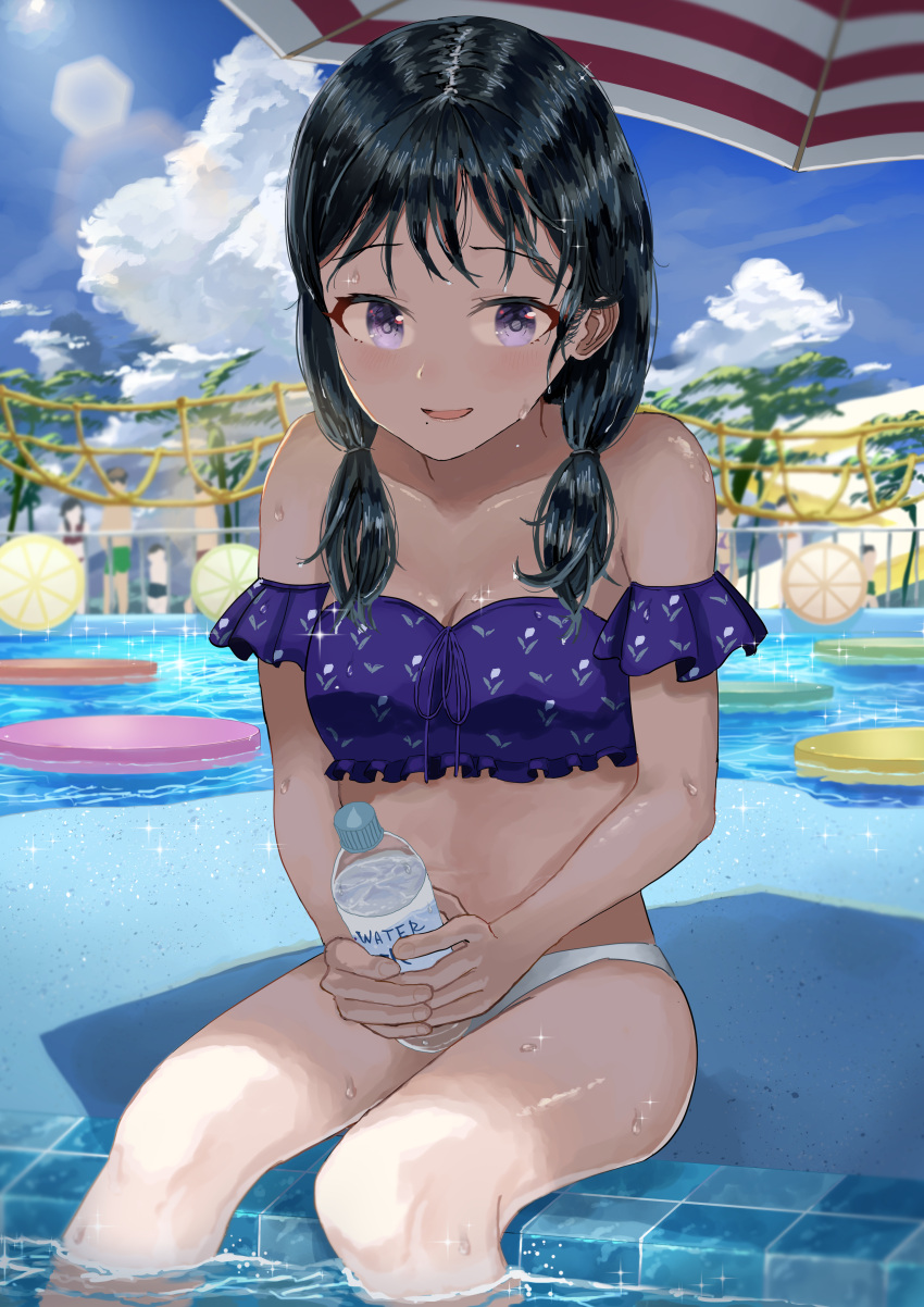 1_kozin absurdres beach_umbrella bikini black_hair blue_sky bottle breasts cleavage cloud day female highres idolmaster idolmaster_shiny_colors kazano_hiori lens_flare long_hair outdoors pool poolside purple_eyes shade sitting sky soaking_feet solo_focus sunlight swimsuit tree umbrella water water_bottle wet