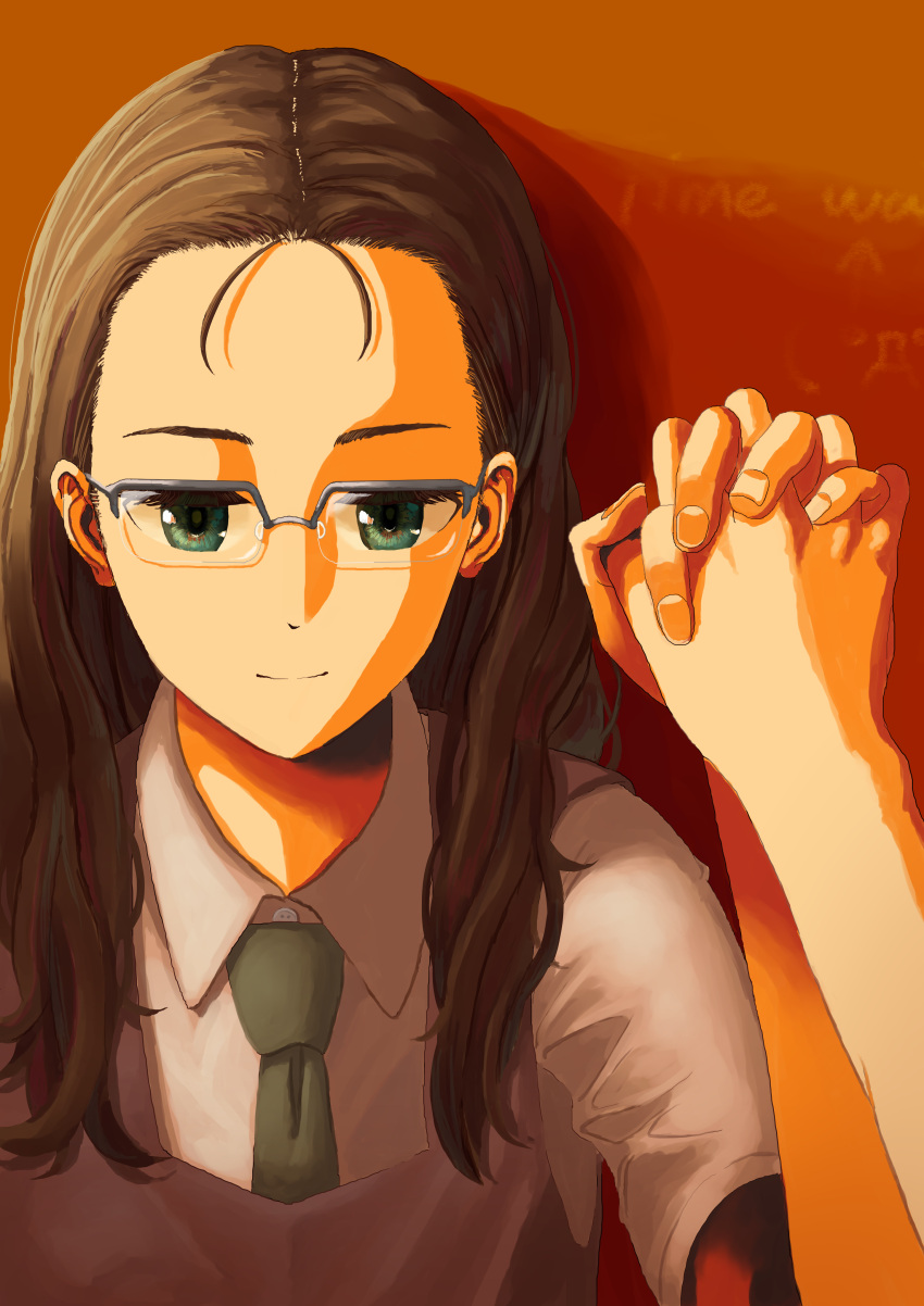 1_kozin absurdres brown_hair chalkboard female glasses green_eyes green_necktie highres holding_hands indoors long_hair nagase_koito necktie pov school_uniform short_sleeves solo_focus upper_body wonder_egg_priority