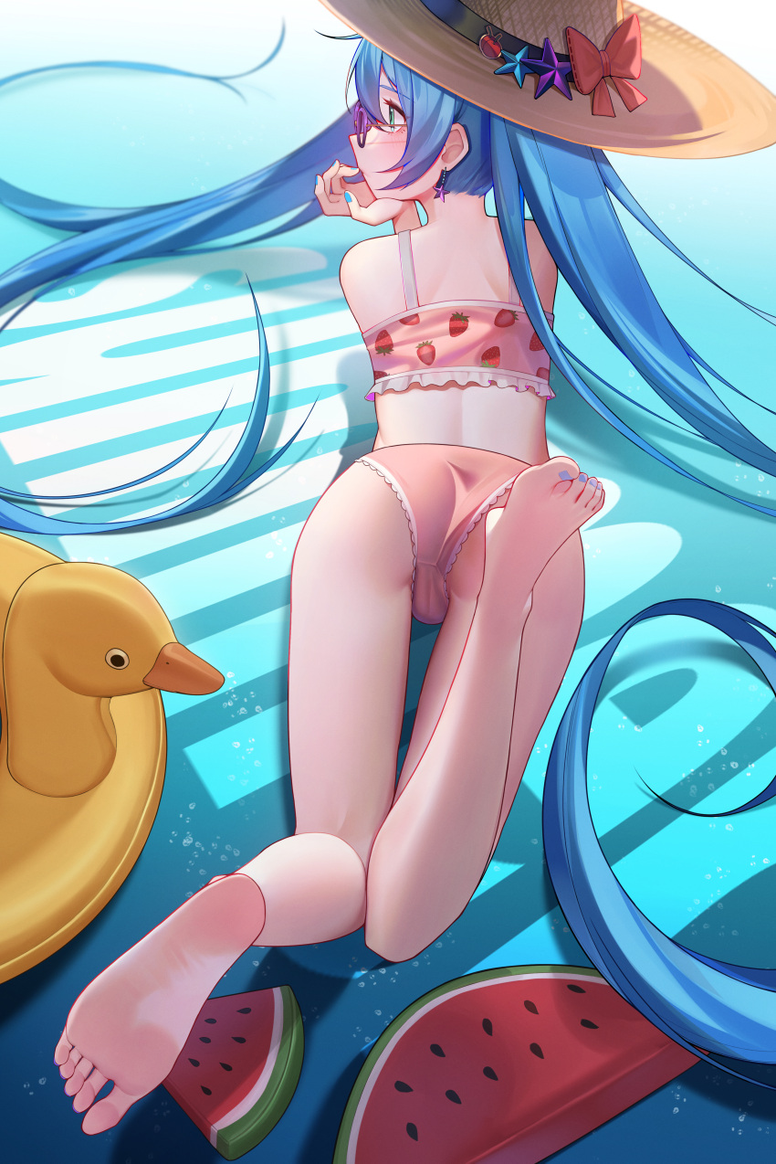 absurdres aqua_eyes ass bare_shoulders barefoot bikini blue_hair blue_nails bow brown_hat commentary earrings english_commentary english_text feet feet_up female food food_print from_behind fruit full_body glasses hair_between_eyes hand_on_own_chin hat hat_bow hat_ornament hatsune_miku head_rest highres inflatable_duck inflatable_toy jewelry legs long_hair looking_to_the_side lying nail_polish on_stomach pink_bikini print_bikini red_bow soles solo star_(symbol) star_earrings star_hat_ornament strawberry_print summer sun_hat swimsuit toenail_polish toenails toes twintails very_long_hair vocaloid watermelon xingchee