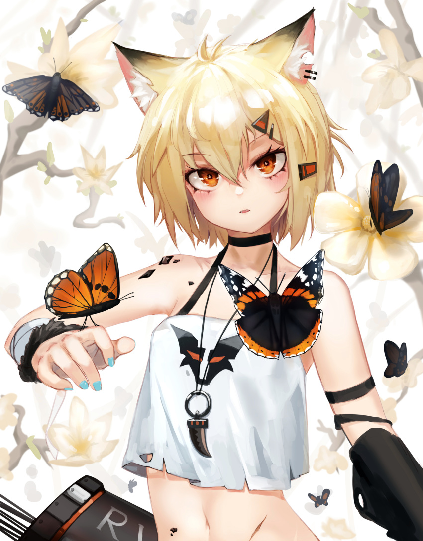 absurdres animal_ears arknights bandaged_arm bandages blonde_hair blush breasts bug butterfly choker commentary_request crop_top ear_piercing earrings fangs female fox_ears fox_girl hair_between_eyes hair_ornament hairclip highres jewelry material_growth navel necklace notched_ear orange_eyes originium_(arknights) oripathy_lesion_(arknights) pendant piercing ring sanpaku scar shirt short_hair small_breasts solo stomach strapless strapless_shirt timitarcat tooth_necklace tsurime vermeil_(arknights) white_background white_shirt