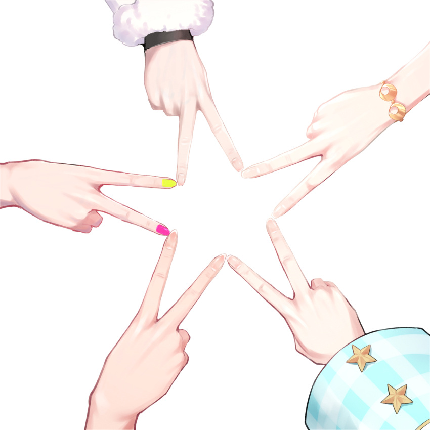 5girls amane_kanata amane_kanata_(1st_costume) bracelet circle_formation commentary_request fur-trimmed_sleeves fur_trim gingham hand_focus highres himemori_luna holoforce hololive jewelry kiryu_coco mikan_(chipstar182) multicolored_nails multiple_girls pink_nails simple_background sleeves_past_wrists star_(symbol) star_hands tokoyami_towa tsunomaki_watame v virtual_youtuber white_background wide_sleeves yellow_nails