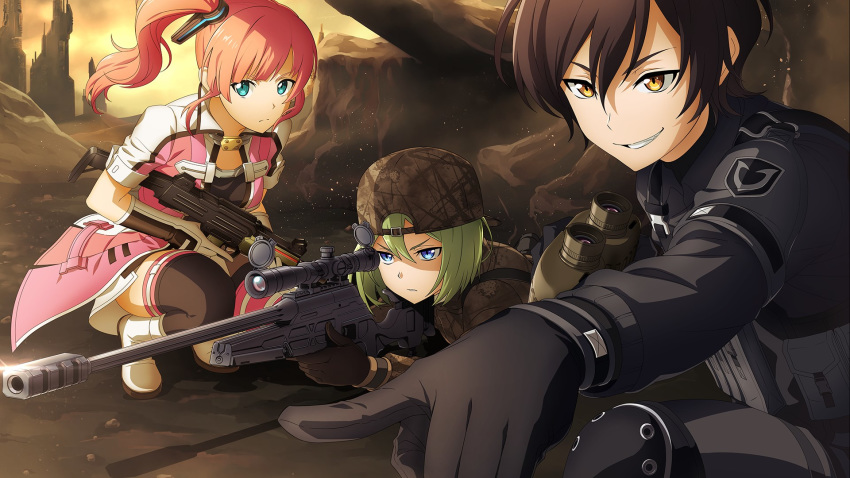 3girls backwards_hat black_hair blue_eyes brown_eyes clarence_(sao) green_hair gun hat highres kureha_(sao:fb) multiple_girls pink_hair rifle scope shirley_(sao) sniper_rifle squatting sword_art_online sword_art_online:_fatal_bullet sword_art_online_alternative:_gun_gale_online weapon