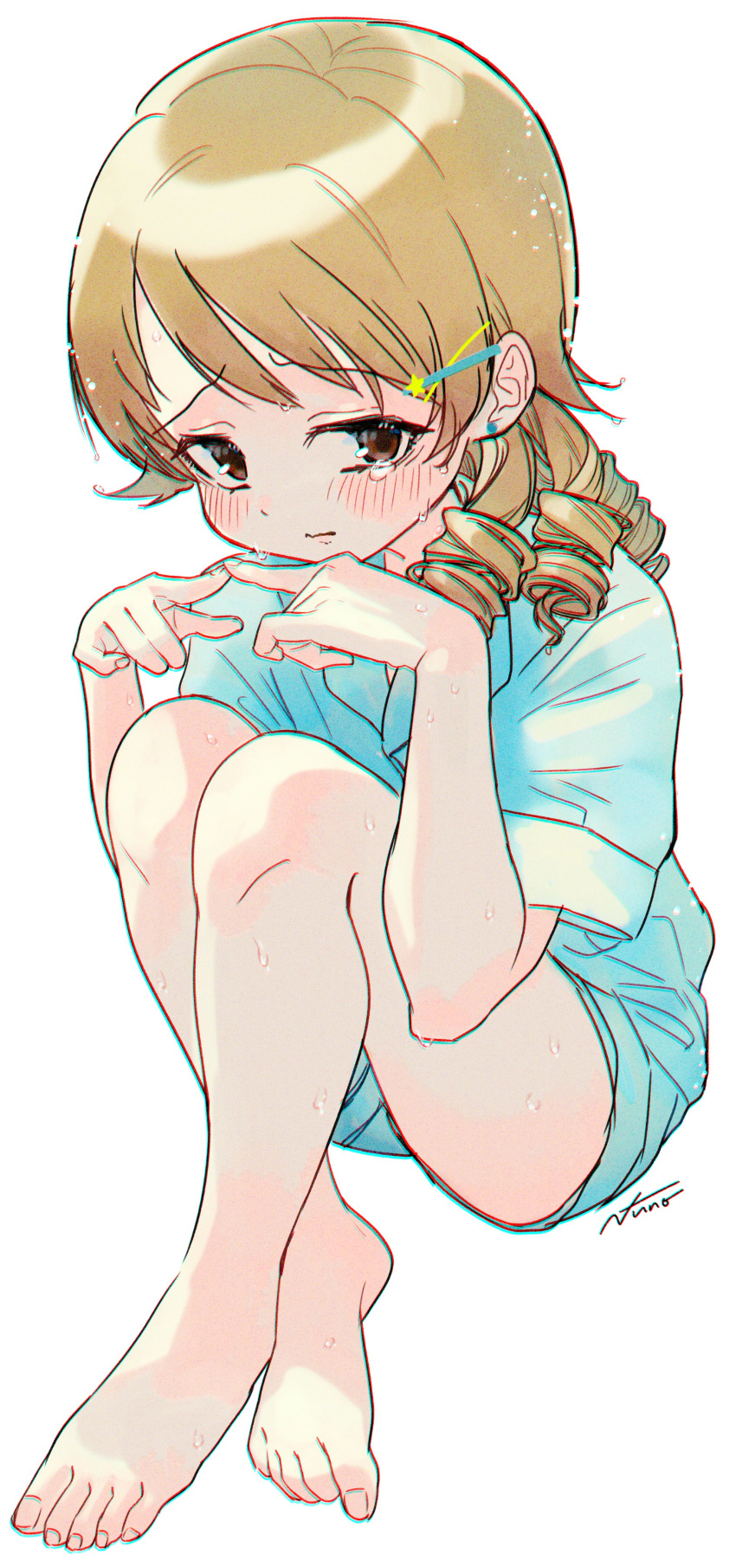 absurdres bare_legs barefoot blush crossed_ankles drill_hair earrings feet female green_shirt green_shorts hair_ornament hairpin highres idolmaster idolmaster_cinderella_girls index_fingers_together jewelry knees_up light_brown_hair looking_at_viewer morikubo_nono own_hands_together shirt shorts simple_background sitting solo stud_earrings sweatdrop tears white_background yukinuno