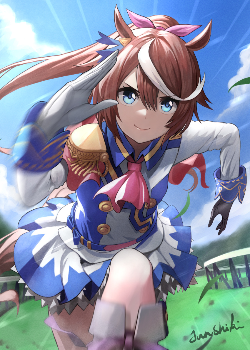 animal_ears blue_eyes blue_sky boots bow brown_hair cloud coat female fence gloves grasslands hair_between_eyes hair_ribbon high_ponytail highres horse_ears horse_girl horse_tail junshiki long_hair looking_at_viewer multicolored_hair ponytail ribbon running skirt sky smile solo streaked_hair tail tokai_teio_(umamusume) two-tone_hair umamusume uniform white_hair