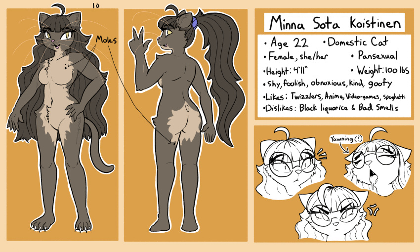 5:3 anthro beheleaf breasts digital_media_(artwork) domestic_cat english_text felid feline felis female fingers fur hair hi_res looking_at_viewer mammal minna_(beheleaf) model_sheet nude simple_background smile solo tail text wide_hips