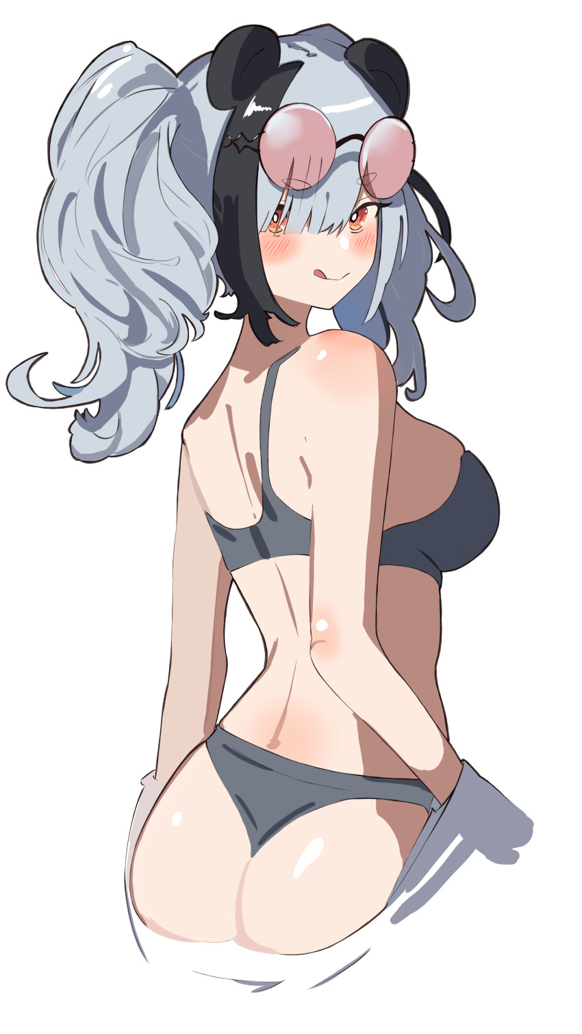 :q absurdres animal_ears arknights ass binware black_hair blush bra breasts cropped_legs eyewear_on_head feater_(arknights) female from_behind grey_bra grey_hair grey_panties hair_over_one_eye highres licking_lips looking_at_viewer looking_back multicolored_hair orange_eyes panda_ears panties red-tinted_eyewear round_eyewear simple_background solo streaked_hair sunglasses tinted_eyewear tongue tongue_out twintails two-tone_hair underwear underwear_only white_background