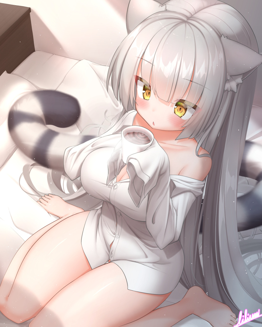 animal_ears bed blush breasts cat_ears cat_girl chestnut_mouth cleavage coffee cup female grey_hair haku_(p&d) highres holding holding_cup large_breasts lilium0235 long_hair naked_shirt off_shoulder on_bed puzzle_&_dragons shirt signature sitting sleeves_past_fingers sleeves_past_wrists solo steam tail thighs tiger_tail very_long_hair wariza white_shirt yellow_eyes