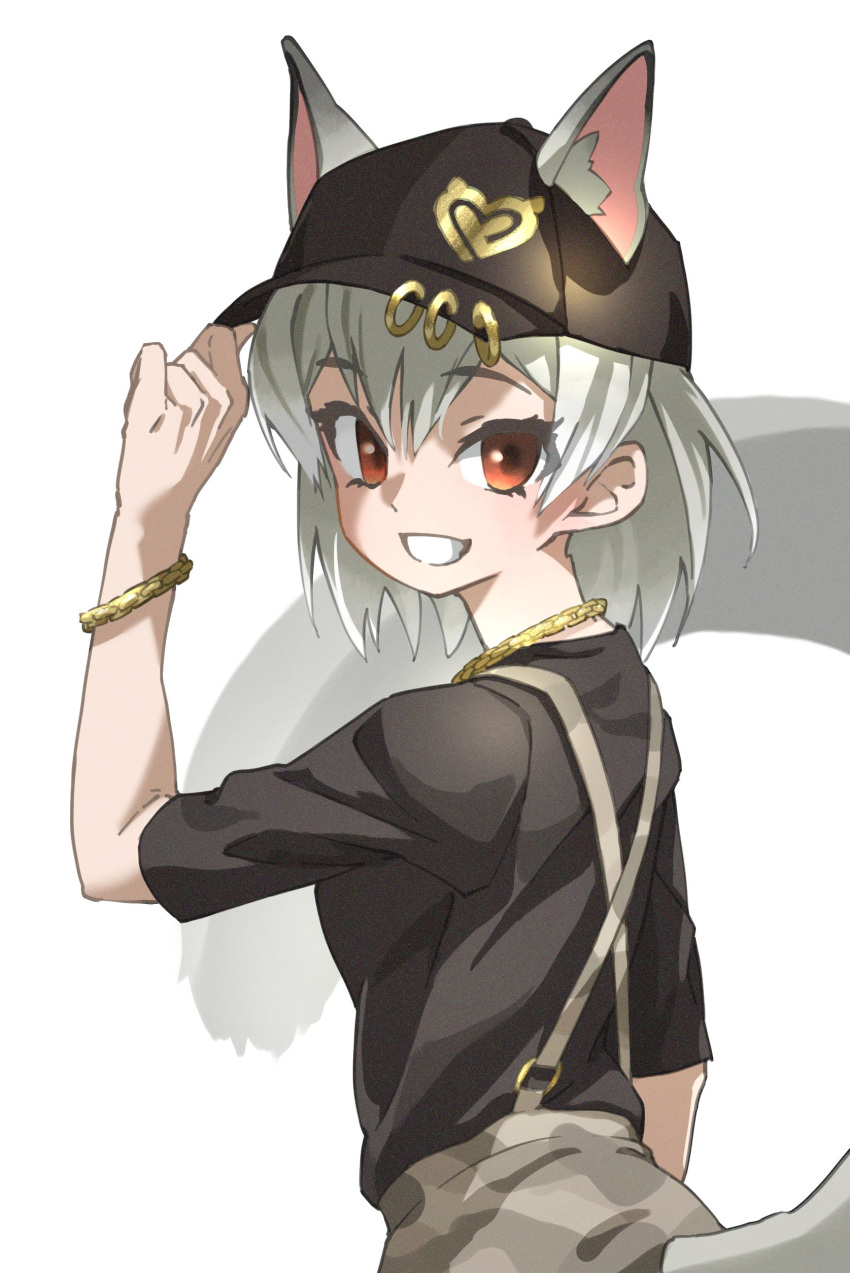 absurdres animal_ears baseball_cap black_hat black_shirt bracelet brown_eyes chain_necklace chains commentary ears_through_headwear eastern_quoll_(kemono_friends) extra_ears female grey_hair grin hair_between_eyes hand_on_headwear hat hat_ring highres jewelry kemono_friends looking_at_viewer medium_hair necklace shirt simple_background smile solo suspenders tail tail_through_clothes tanabe_(fueisei) white_background wrist_chain