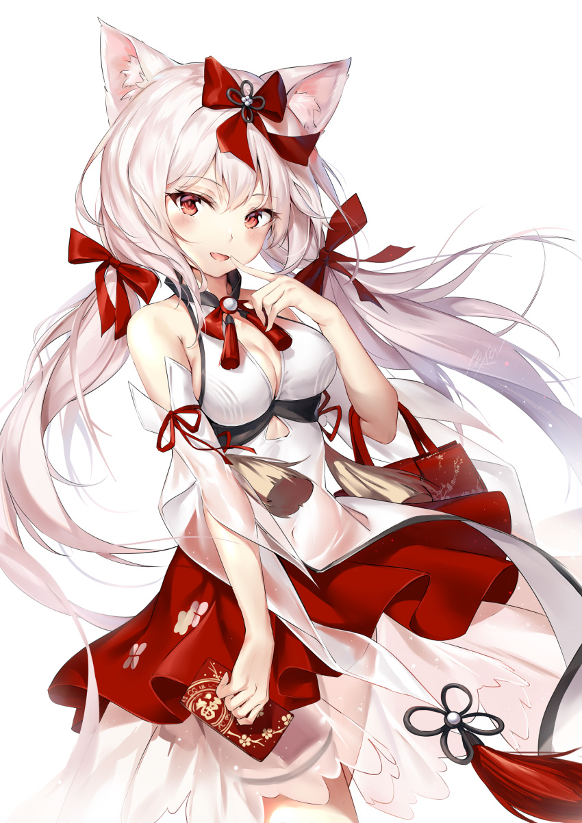 :d animal_ear_fluff animal_ears azur_lane bare_shoulders blush bow breasts cat_ears cleavage commentary detached_sleeves female finger_to_mouth hair_between_eyes hairbow highres holding long_hair long_sleeves looking_at_viewer medium_breasts oerba_yun_fang official_alternate_costume open_mouth pdxen pleated_skirt red_bow red_eyes red_skirt shirt simple_background skirt sleeveless sleeveless_shirt smile solo twintails very_long_hair white_background white_hair white_shirt white_sleeves wide_sleeves yukikaze_(azur_lane) yukikaze_(winter's_snowy_wind)_(azur_lane)