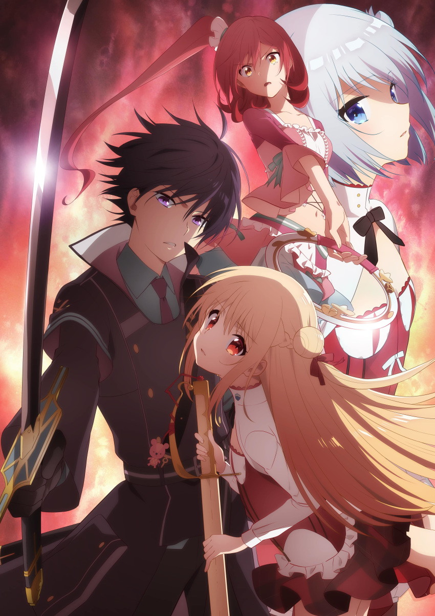 1boy 4girls absurdres assassins_pride black_gloves black_hair black_ribbon blonde_hair blue_eyes braid breasts cleavage_cutout clothing_cutout coat collarbone double_bun elise_angel flat_chest glint gloves grey_hair hair_bun hair_ribbon half_updo highres holding holding_sheath holding_sword holding_weapon key_visual kufa_vaspir long_hair long_sleeves looking_at_viewer merida_angel multiple_girls navel neck_ribbon necktie official_art promotional_art purple_eyes red_eyes red_hair red_ribbon ribbon rosetty_pricket saber_(weapon) scabbard sheath short_hair side_ponytail small_breasts sword tied_hair weapon yellow_eyes