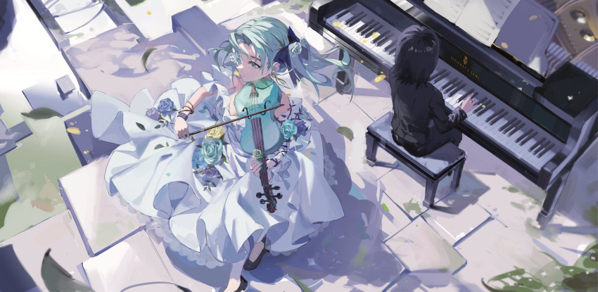 1other ambiguous_gender aqua_eyes aqua_flower aqua_hair arcaea arm_up bare_shoulders black_bow black_footwear black_hair black_jacket black_pants blue_flower bow bow_(music) bracelet breasts closed_mouth commentary dress dress_flower earrings english_commentary facing_away falling_leaves female flower flower_over_eye from_above full_body hair_flower hair_ornament hairbow hand_up highres holding holding_instrument holding_violin instrument jacket jewelry leaf long_hair long_sleeves looking_away medium_breasts medium_hair music off-shoulder_dress off_shoulder outdoors pants parted_bangs piano piano_bench playing_instrument purple_flower reset saya_(arcaea) shoes sitting standing violin white_flower wristband yellow_flower