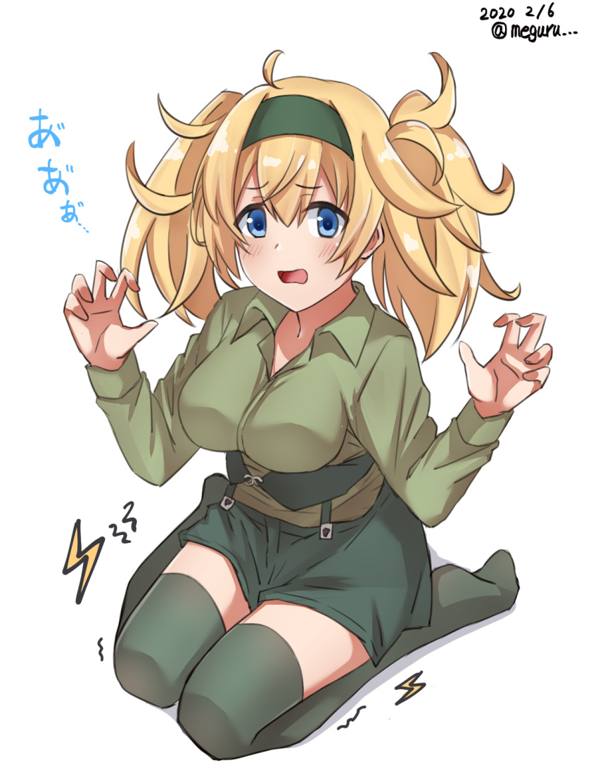 blonde_hair blue_eyes breasts commentary_request dated female full_body gambier_bay_(kancolle) green_hairband green_shirt green_shorts green_thighhighs hairband highres kantai_collection large_breasts long_hair long_sleeves looking_at_viewer meguru_(megurunn) one-hour_drawing_challenge shirt shorts simple_background sitting solo thighhighs trembling twintails twitter_username wariza white_background