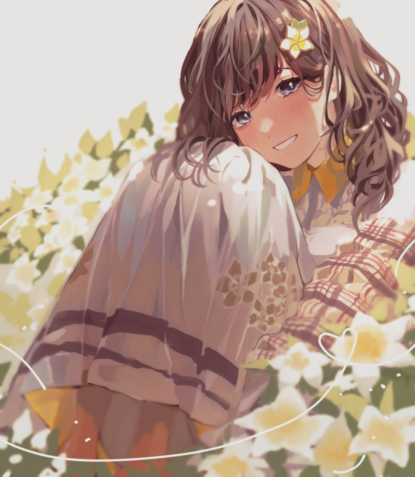 blush brown_hair brown_sweater collared_shirt curled_up female flower grey_eyes grey_shirt grey_skirt hana_macchia hana_macchia_(1st_costume) head_tilt highres looking_at_viewer medium_hair nijisanji nijisanji_id sakai_eri_(illustratoreri) shirt sitting skirt smile solo sweater virtual_youtuber white_flower