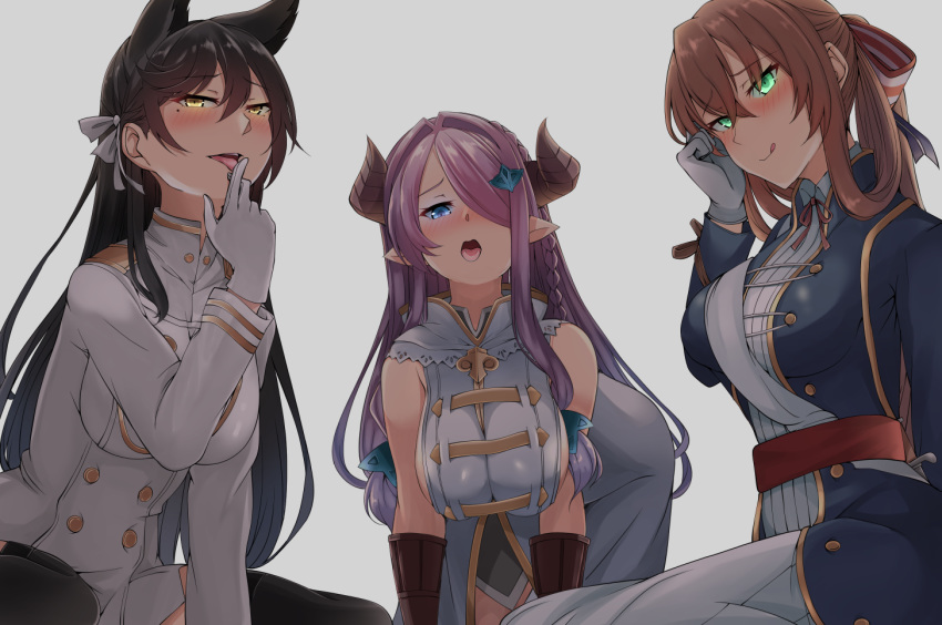 3girls 4tb_(4tera_byte) all_fours animal_ears atago_(azur_lane) azur_lane bare_shoulders black_gloves black_hair black_thighhighs blazer blue_coat blue_eyes blush braid breasts brown_hair coat collared_shirt commentary crossover demon_horns dog_ears draph elbow_gloves epaulettes extra_ears finger_to_tongue from_below girls'_frontline gloves granblue_fantasy green_eyes hair_intakes hair_ornament hair_over_one_eye hair_ribbon hair_rings hanging_breasts horns jacket large_breasts licking_lips light_purple_hair long_hair medium_breasts military military_uniform mole mole_under_eye multiple_girls narmaya_(granblue_fantasy) naughty_face open_mouth playing_with_own_hair pointy_ears ponytail ribbon shirt sideboob sidelocks single_braid springfield_(girls'_frontline) swept_bangs thighhighs tongue tongue_out trait_connection uniform very_long_hair white_gloves yellow_eyes you_gonna_get_raped