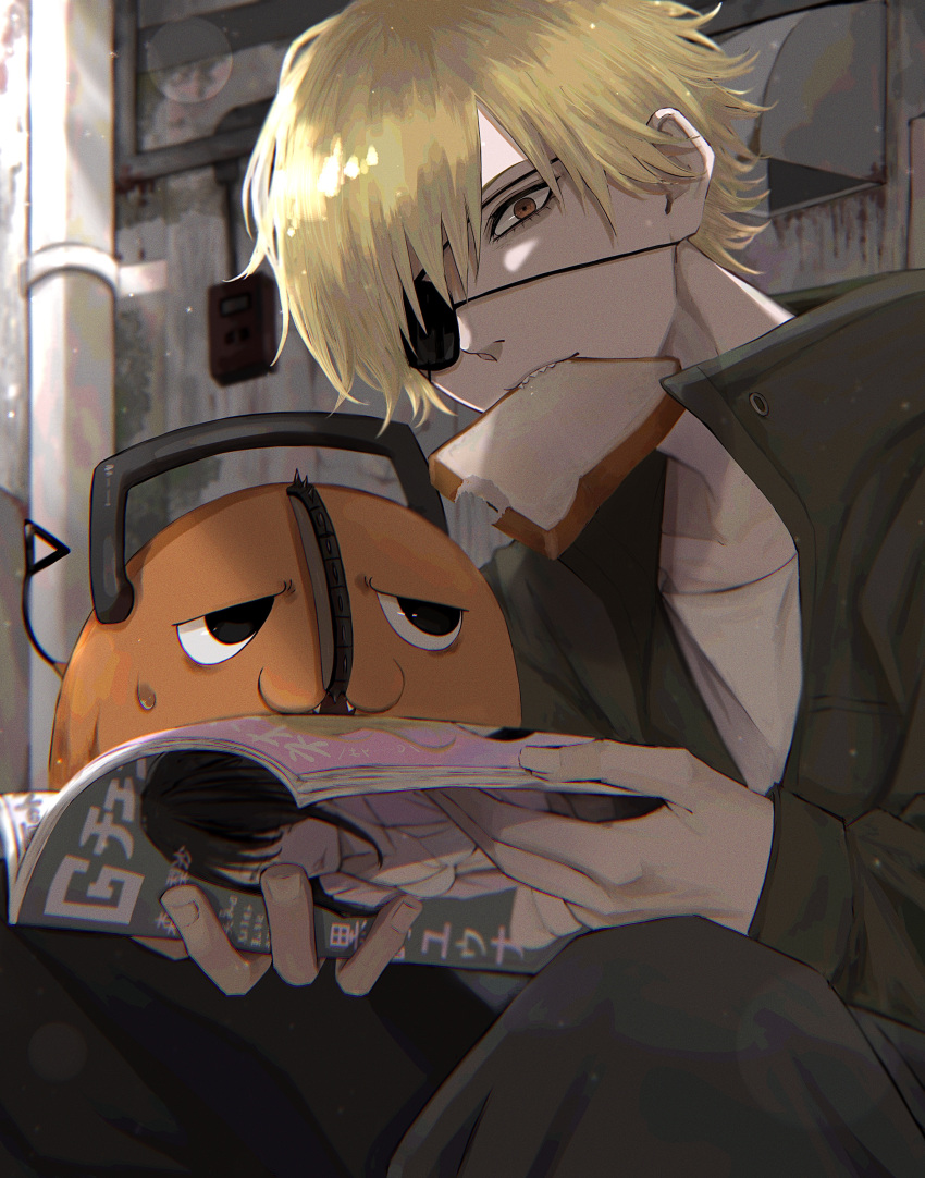 1boy absurdres banechiii blonde_hair brown_eyes chainsaw_man denji_(chainsaw_man) eyepatch green_jacket grey_jacket hair_over_one_eye highres holding holding_magazine jacket long_sleeves looking_at_another magazine_(object) male_focus open_magazine pants pochita_(chainsaw_man) popped_collar shirt short_hair sitting white_shirt