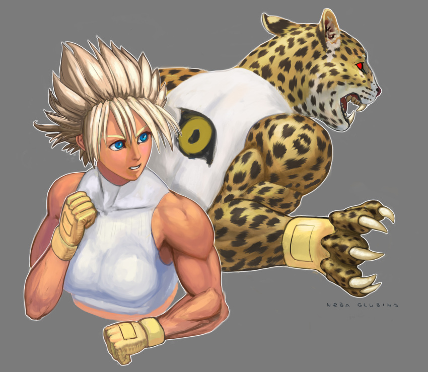 5_fingers anthro back_to_back biped black_spots blonde_eyebrows blonde_hair bloody_roar blue_eyes bust_portrait claws clothing crop_top duo eyebrows felid female fingers fur gloves grey_background hair handwear hi_res human konami leopard looking_away male mammal markings multicolored_body multicolored_fur muscular muscular_female muscular_male nebaglubina open_mouth pale_skin pantherine portrait red_eyes shirt simple_background spiky_hair spots spotted_body spotted_fur tank_top teeth topwear white_body white_fur wristband yellow_body yellow_fur