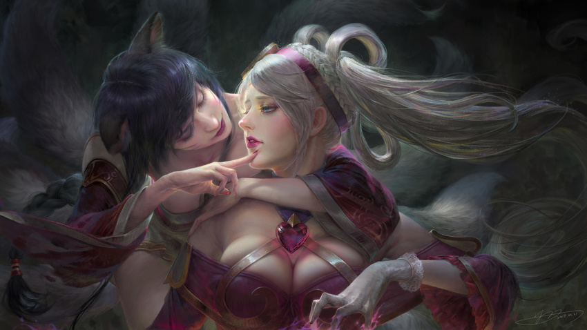 2girls ahri_(league_of_legends) animal_ears artstation_sample commentary finger_to_face fox_ears fox_tail gloves highres image_sample league_of_legends multiple_girls photoshop_(medium) sona_(league_of_legends) sweetheart_sona tail yu-han_chen