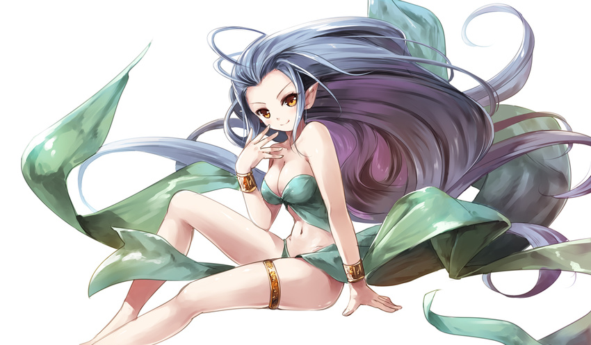 >:) bare_arms bare_legs bare_shoulders barefoot blush bracer breasts collarbone commentary female floating_hair granblue_fantasy hand_on_own_face large_breasts light_purple_hair long_hair miyase_mahiro navel orange_eyes photoshop_(medium) pointy_ears simple_background sitting smile solo strapless thigh_strap tiamat_(granblue_fantasy) v-shaped_eyebrows very_long_hair white_background