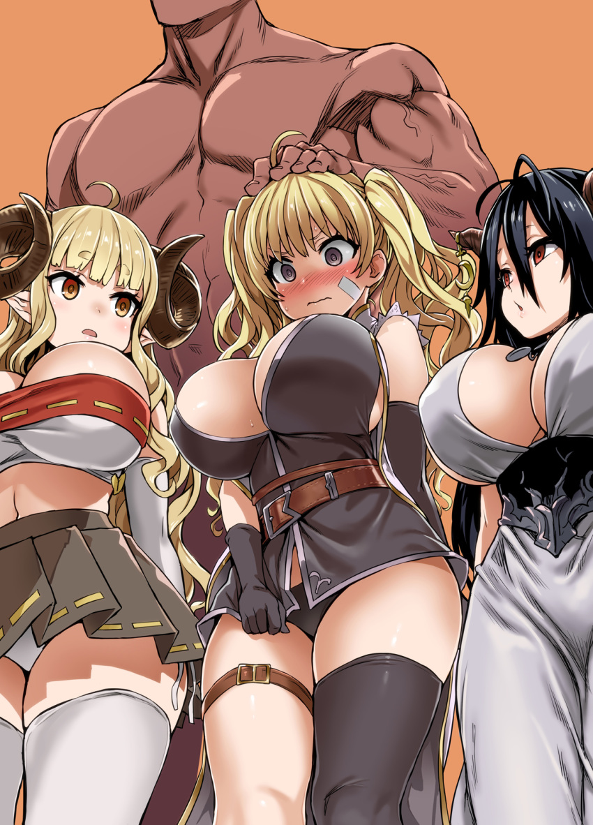 1boy 3girls ahoge anila_(granblue_fantasy) antenna_hair asanagi belt black_gloves black_hair black_panties black_thighhighs blonde_hair blunt_bangs blush breasts brown_eyes cleavage closed_mouth commentary_request cosplay danua dark-skinned_male dark_skin draph dress dress_tug elbow_gloves embarrassed empty_eyes gloves granblue_fantasy grey_eyes hair_between_eyes hand_on_another's_head highres hikimayu horns huge_breasts monika_weisswind multiple_girls narmaya_(granblue_fantasy) narmaya_(granblue_fantasy)_(cosplay) nude panties pleated_skirt red_eyes ribbon-trimmed_skirt ribbon_trim short_dress side-tie_panties single_elbow_glove single_glove single_thighhigh skirt sweat thigh_strap thighhighs thighs twintails underwear wavy_mouth white_dress white_gloves white_panties