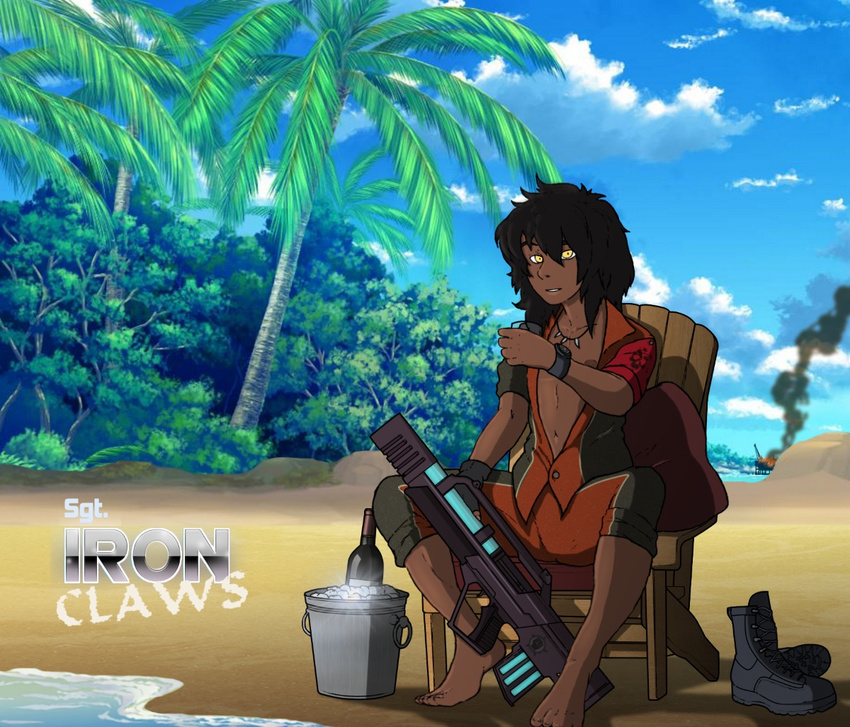 alcohol aleone amber_eyes avalanche_studios barefoot beach beverage black_hair boots clock clothing feet footwear gun hair human jewelry just_cause male mammal necklace not_furry palms ranged_weapon rifle sea seaside shirt sky tan_body tan_skin topwear tropic water weapon wine