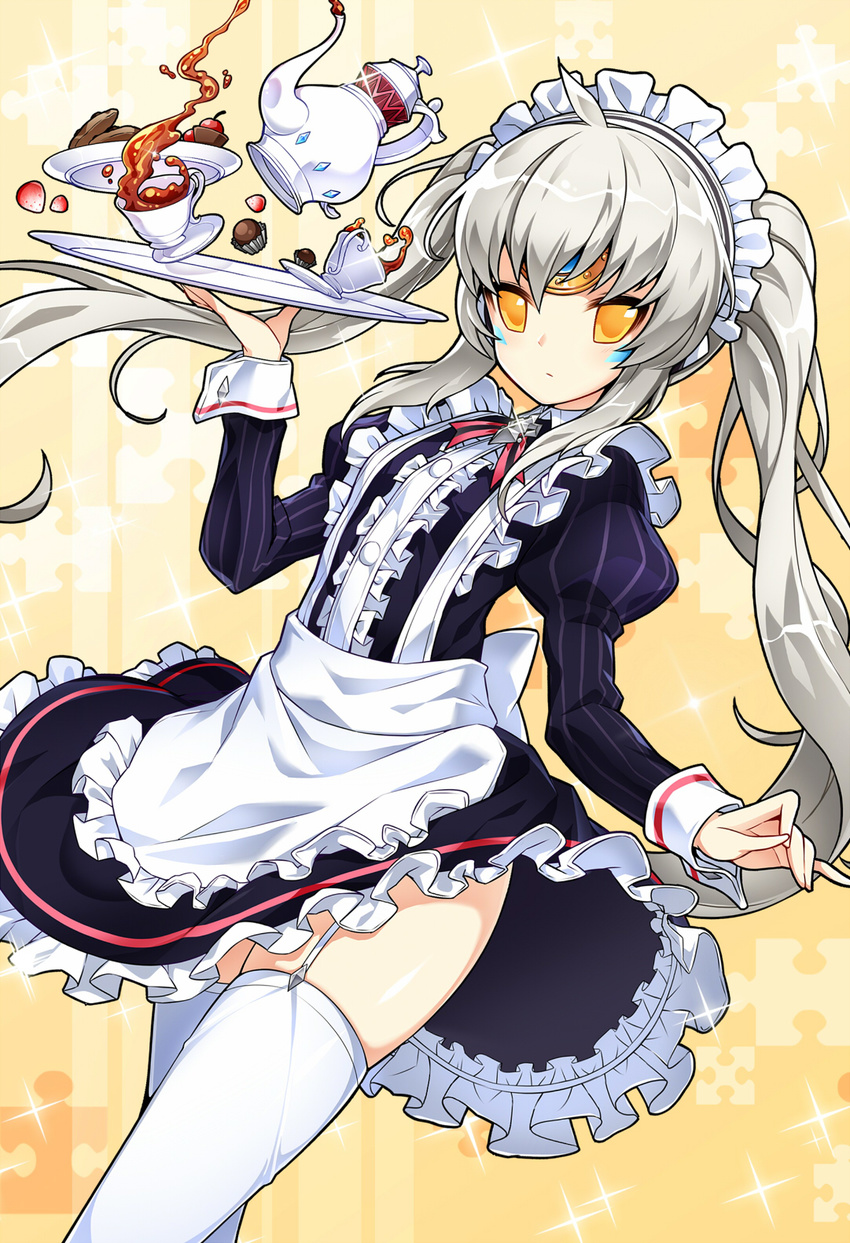 apron chocolate commentary_request cookie cup dutch_angle elsword eve_(elsword) facial_mark female food forehead_jewel fruit hair_between_eyes highres holding long_hair looking_at_viewer maid maid_apron maid_headdress poseich shiny simple_background solo standing strawberry teacup teapot thighs yellow_eyes