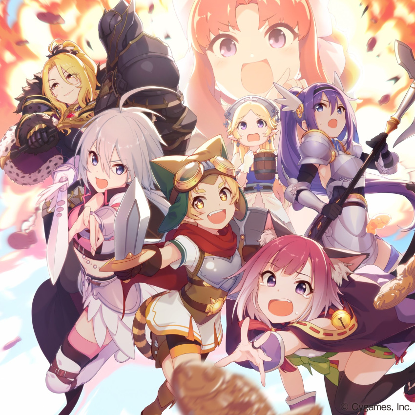 +_+ 6+girls :d ahoge akino_(princess_connect!) animal_ear_fluff animal_ears armor beer_mug bell belt_buckle blonde_hair bow breastplate buckle cat_ears cat_girl cat_tail christina_(princess_connect!) commentary_request company_name copyright_notice cup cygames elbow_pads elf explosion food full_armor fur_trim gloves goggles goggles_on_headwear hair_between_eyes highres hip_armor holding holding_polearm holding_sword holding_weapon jingle_bell jun_(princess_connect!) long_hair matsuri_(princess_connect!) mifuyu_(princess_connect!) mug multiple_girls oerba_yun_fang official_art open_mouth pointy_ears polearm ponytail princess_connect! purple_eyes purple_hair reaching red_hair short_hair shorts shorts_under_skirt smile spear sweatdrop sword tabi tail taiyaki tamaki_(princess_connect!) tears thighhighs tomo_(princess_connect!) vambraces wagashi weapon yellow_eyes yukari_(princess_connect!)